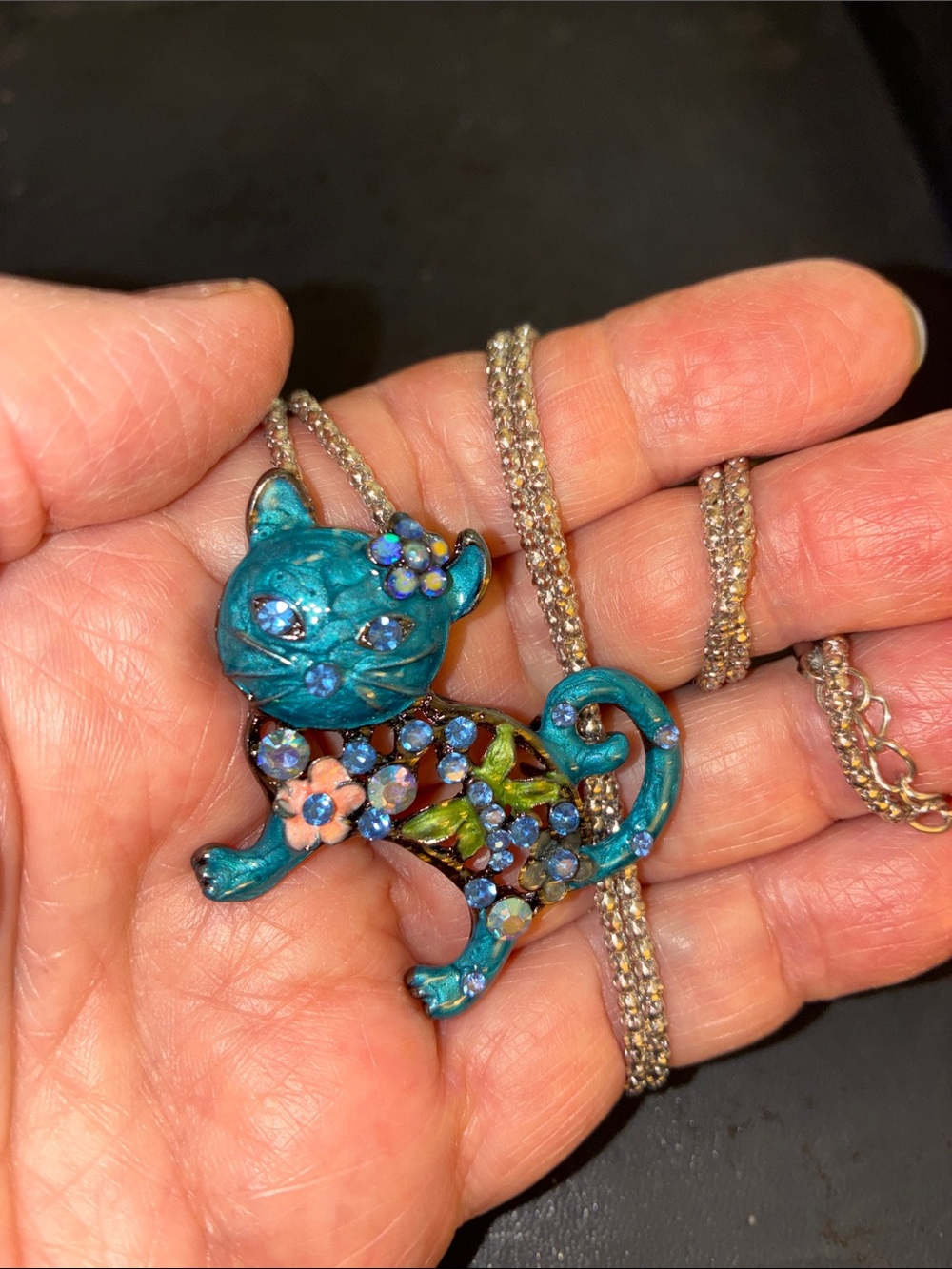 Blue Teal Cat Pendant Necklace with Floral Rhinestones/Brooch